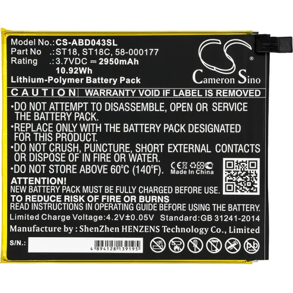 Amazon B01GEW27DA, Kindle Fire 7", Kindle Fire 7th Generation 201, SR043KL, SR04KL Replacement Battery 2950mAh / 10.92Wh