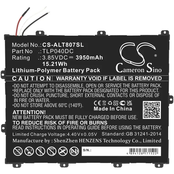 Alcatel One Touch Pixi 3 8, OT-8070 Replacement Battery 3950mAh / 15.21Wh