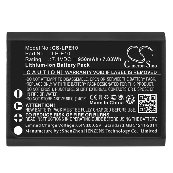 Canon DS126291, DS126491, DS126621, EOS 1100D, EOS 1200D, EOS 1300D Series Replacement Battery 950mAh / 7.03Wh