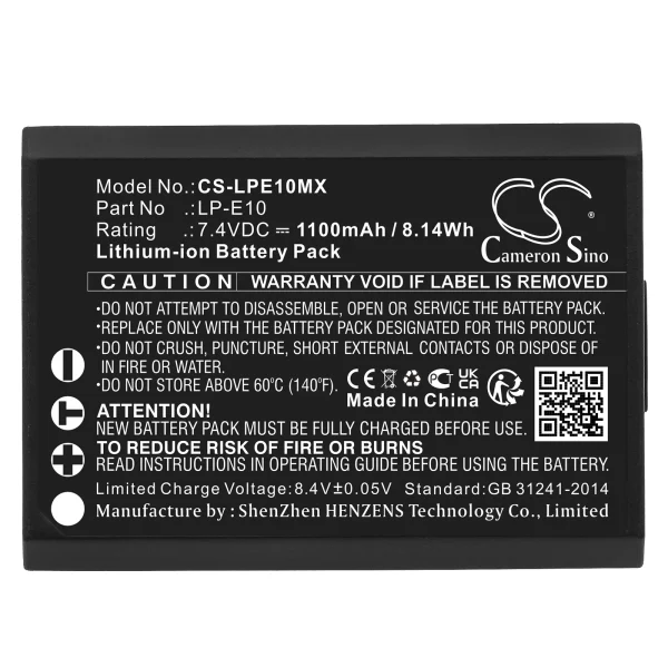 Canon DS126291, DS126491, DS126621, EOS 1100D, EOS 1200D, EOS 1300D Series Replacement Battery 1100mAh / 8.14Wh