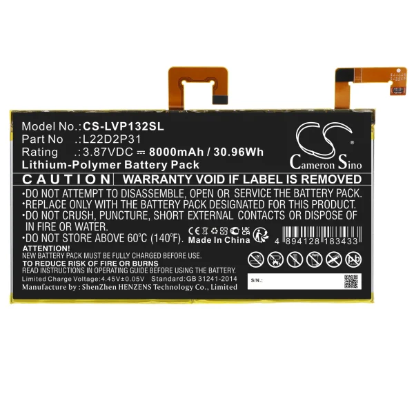 Lenovo Tab P11 Pro, TB132F, TB-J706 Replacement Battery 8000mAh / 30.96Wh