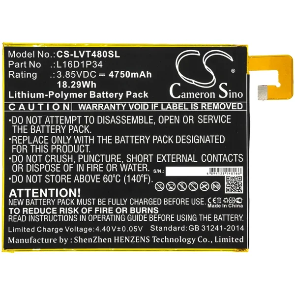 Lenovo Tab4 8, Tab4 8 Plus, TB-8504N, TB-8504X, TB-8704X Replacement Battery 4750mAh / 18.29Wh