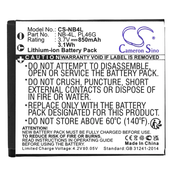 Canon Digital IXUS 100 IS, Digital IXUS 110 IS, Digital IXUS 120 IS, Digital IXUS 130, Digital IXUS 30, Digital IXUS 40 Series Replacement Battery 850mAh/3.1Wh