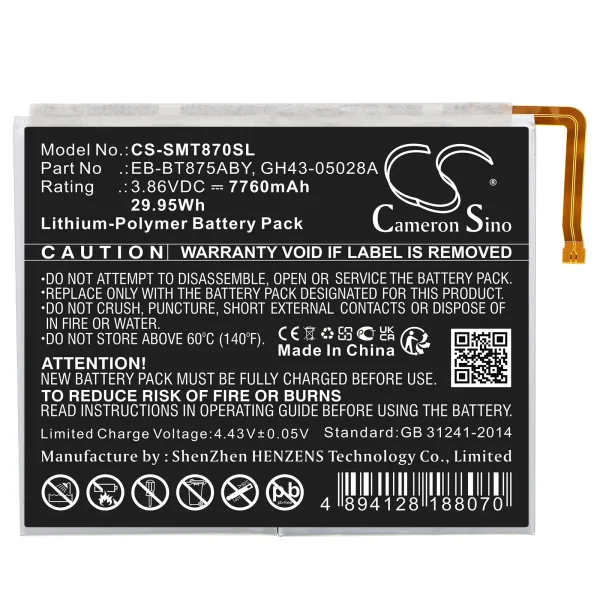 Samsung Galaxy Tab S7 11.0, Galaxy Tab S7 5G UW 11.0, SM-T870, SM-T875N, SM-T878U Replacement Battery 7760mAh / 29.95Wh