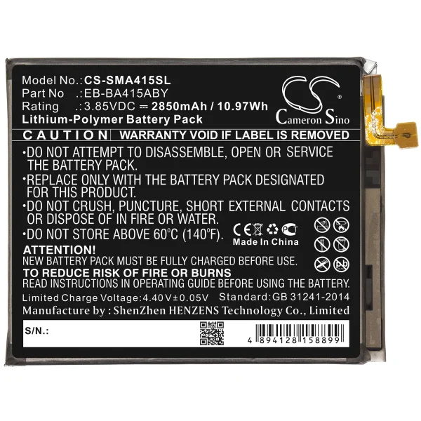 Samsung Galaxy A41 2020, SC-41A, SCV48, SM-A415, SM-A415D Series Replacement Battery 2850mAh / 10.97Wh