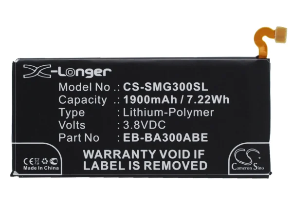 Samsung Galaxy A3, Galaxy A3 Duos, SM-A3000, SM-A3009, SM-A300F Series Replacement Battery 1900mAh / 7.22Wh