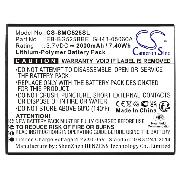 Samsung Galaxy XCover 5, Galaxy XCover 5 2021, M-G525N, SM-G525F, SM-G525F/DS Series Replacement Battery 2000mAh / 7.40Wh