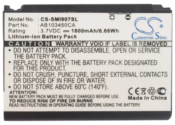 Samsung Access A827, Ace i325, BlackJack i607, Blackjack SGH-i607, Epix SGH-i907 Series Replacement Battery 1800mAh