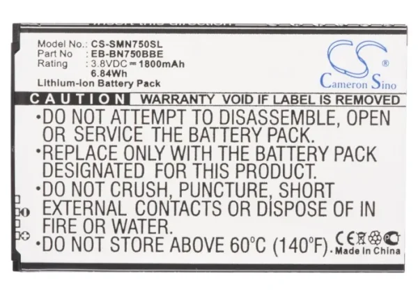 Samsung Galaxy Note 3 Mini, Galaxy Note 3 Neo, Galaxy Note 3 Neo Duos, Galaxy Note 3 Neo LTE, SM-N7502 Series Replacement Battery 1800mAh / 6.84Wh