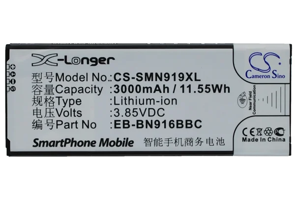 Samsung Galaxy Note 4 ( China Mobile ), SM-N9100, SM-N9106, SM-N9106W, SM-N9108 Series Replacement Battery 3000mAh / 11.55Wh