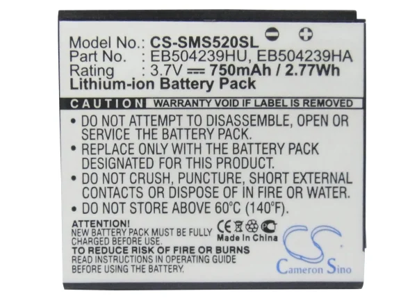 Samsung GT-S5200, GT-S5200C, S5200, SGH-A187, Series Replacement Battery 750mAh