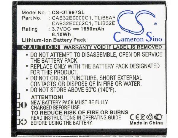 Alcatel Linkzone 41, Linkzone 5271, LinkZone MW40, LinkZone MW40CJ, LinkZone MW40V Series Replacement Battery 1650mAh / 6.11Wh